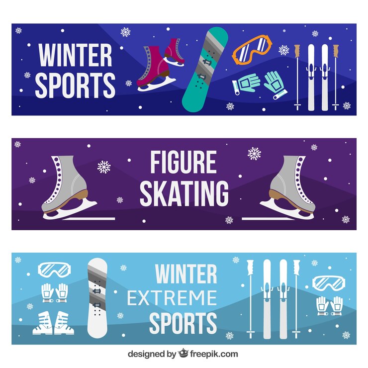 Vetor grátis bandeiras ajustadas com objetos de desportos de inverno