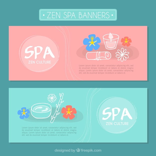 Bandeiras bonitos de spa com flores desenhadas mão e produtos de beleza