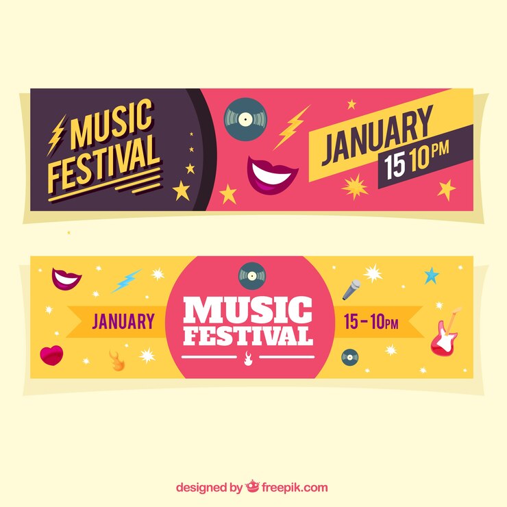 Vetor grátis bandeiras coloridas com elementos musicais em design plano