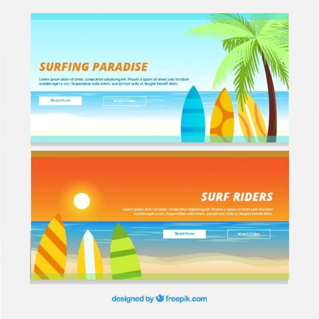Bandeiras da paisagem idílica com pranchas de surf