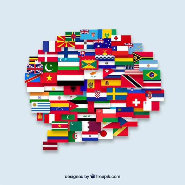 Bandeiras de diferentes países em forma de bolha do discurso
