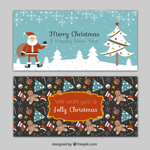 bandeiras do Natal planas com Papai Noel e outros elementos