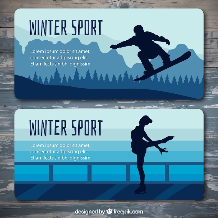 Vetor grátis bandeiras lisas das silhuetas que praticam desportos de inverno