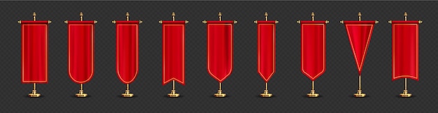 Vetor grátis bandeiras longas vermelhas em diferentes formas no suporte de ouro.