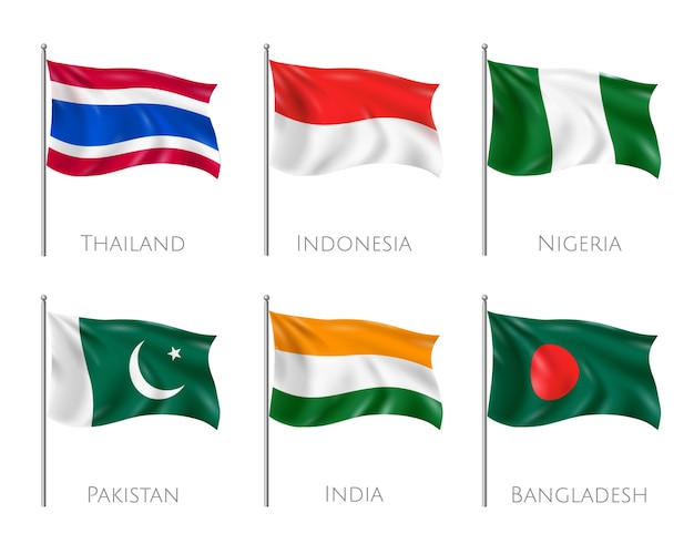 Bandeiras nacionais conjunto com sinalizadores de Tailândia e Indonésia realistas isolados