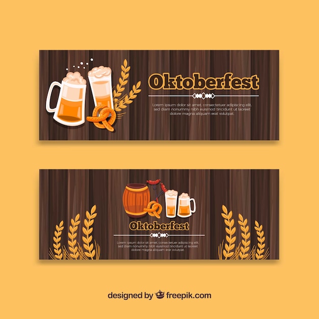 Vetor grátis bandeiras oktoberfest com cerveja, pretzel e trigo