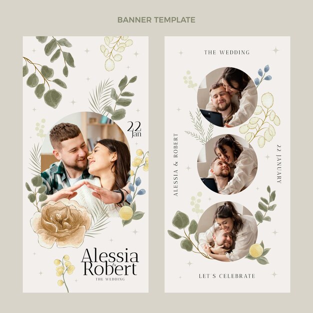 Bandeiras verticais de casamento desenhadas à mão em aquarela