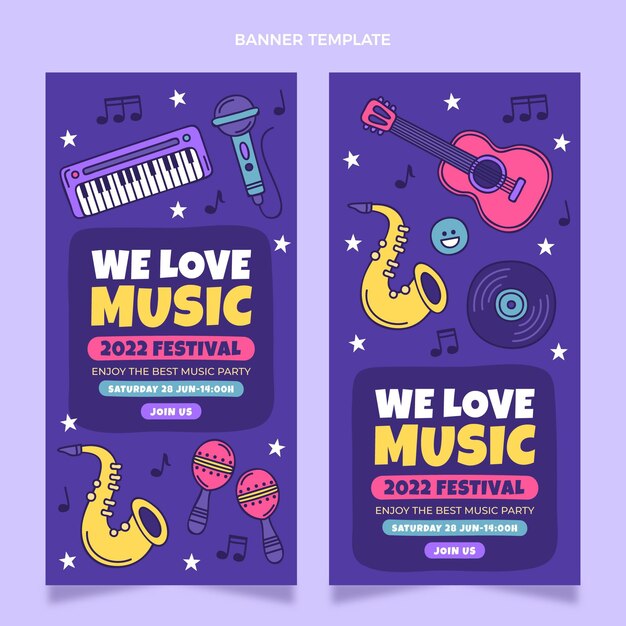 Bandeiras verticais de festivais de música coloridas desenhadas à mão