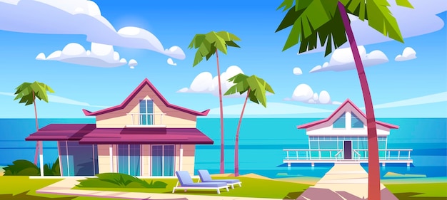 Bangalôs modernos em uma praia de resort em ilha, paisagem tropical de verão com casas sobre estacas com terraço, palmeiras e vista para o mar. villas, hotéis ou chalés privados de madeira, ilustração vetorial de desenho animado