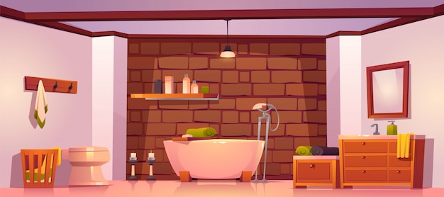 Banheiro em casa rústica com banheira e parede de tijolos