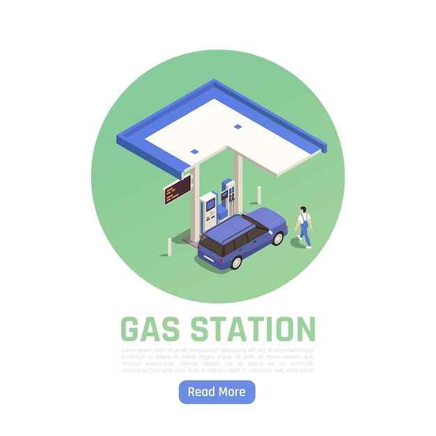 Banner circular isométrico de posto de gasolina com carro pessoal na bomba de gasolina Vetor Premium