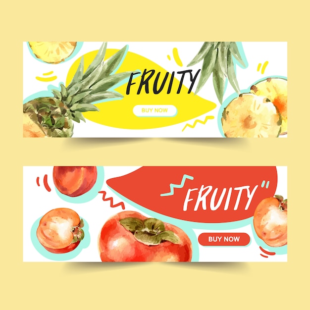 Banner com conceito de abacaxi e ameixa, modelo de ilustração colorida