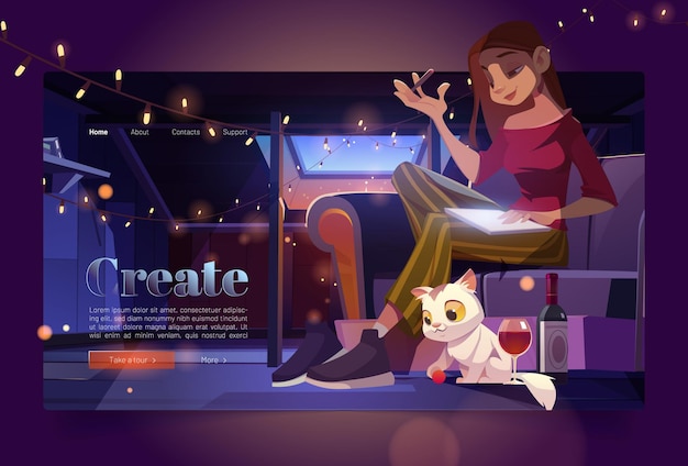 Vetor grátis banner com mulher artista no sótão à noite. pintor de menina sentar no sofá e desenhar. página inicial de vetor de trabalho criativo e passatempo com ilustração dos desenhos animados do interior aconchegante da mansarda, mulher com caneta e gato