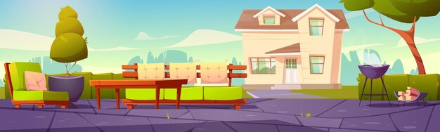 banner com pátio de quintal de casa com mesa de sofá e churrasqueira para churrasco