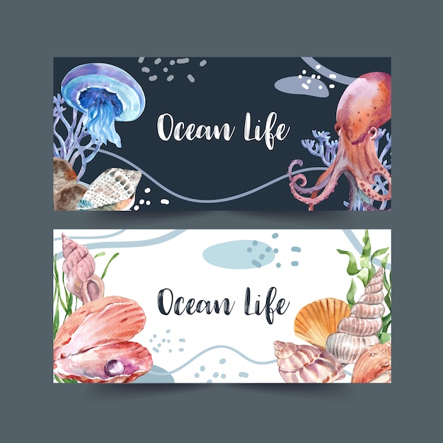 Vetor grátis banner com tema clássico de vida marinha, ilustração criativa em aquarela.