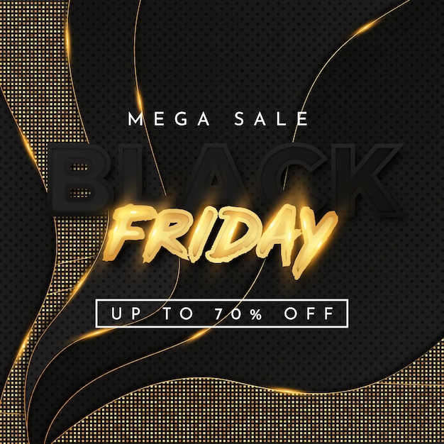 Vetor grátis banner da black friday mega sale com ondas douradas e efeito de texto dourado