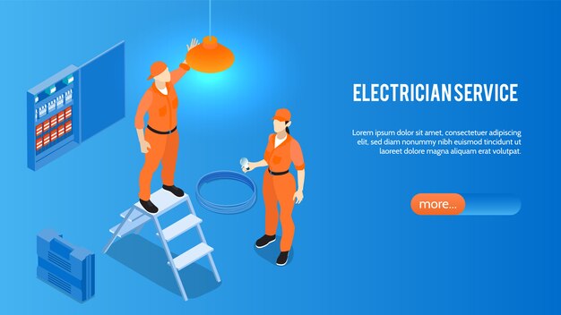 Banner da página inicial do site isométrico on-line de serviço de eletricista com manutenção de reparo de instalação de eletrodomésticos