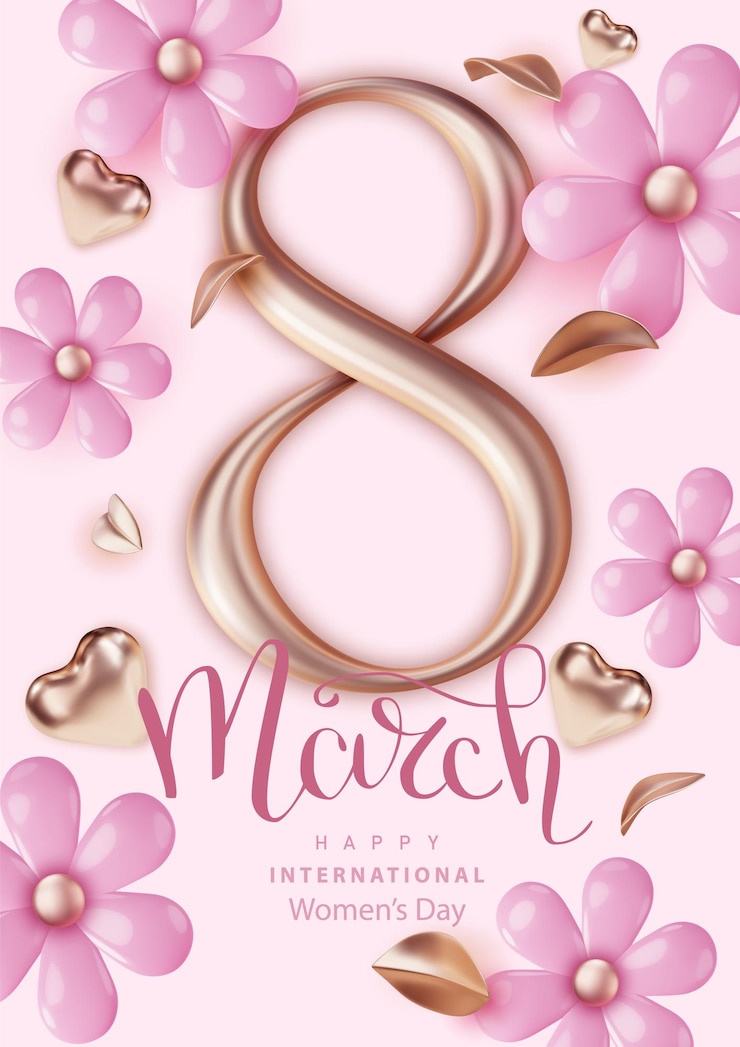 Vetor grátis banner de 8 de março com número 3d dourado e flores pastéis cartão feliz do dia da mulher
