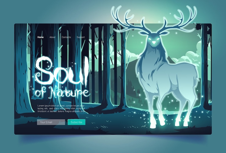 Vetor grátis banner de alma da natureza com cervo brilhante místico