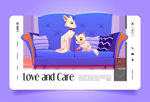 Vetor grátis banner de amor e carinho com gatos brancos bonitos no sofá azul. página inicial de vetor de animais domésticos com ilustração dos desenhos animados da mãe gata e gatinho brincando com bola no sofá com almofadas