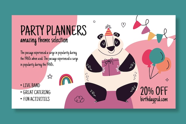 Vetor grátis banner de aniversário com urso panda