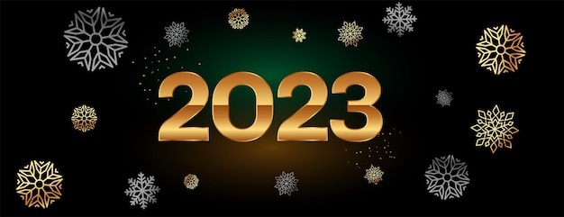 Banner de ano novo de texto dourado de 2023 com design de floco de neve