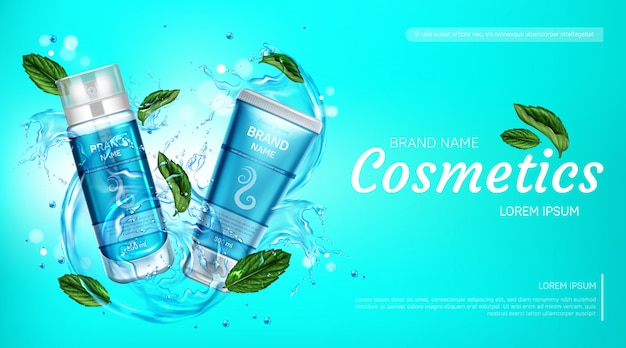 Banner de anúncio de frascos cosméticos, espuma de barbear e creme