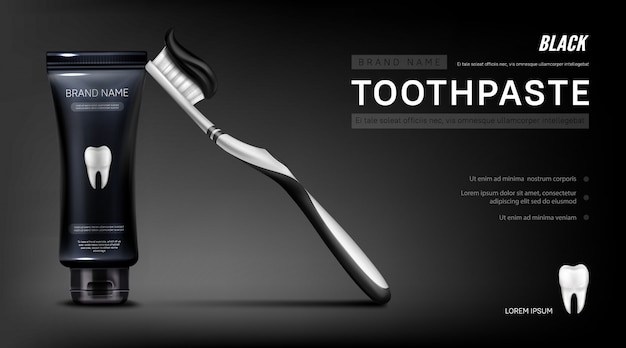 Banner de anúncio de pasta de dente preta com escova e dente