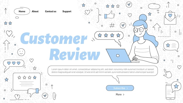 Banner de avaliação do cliente com garota coloca feedback