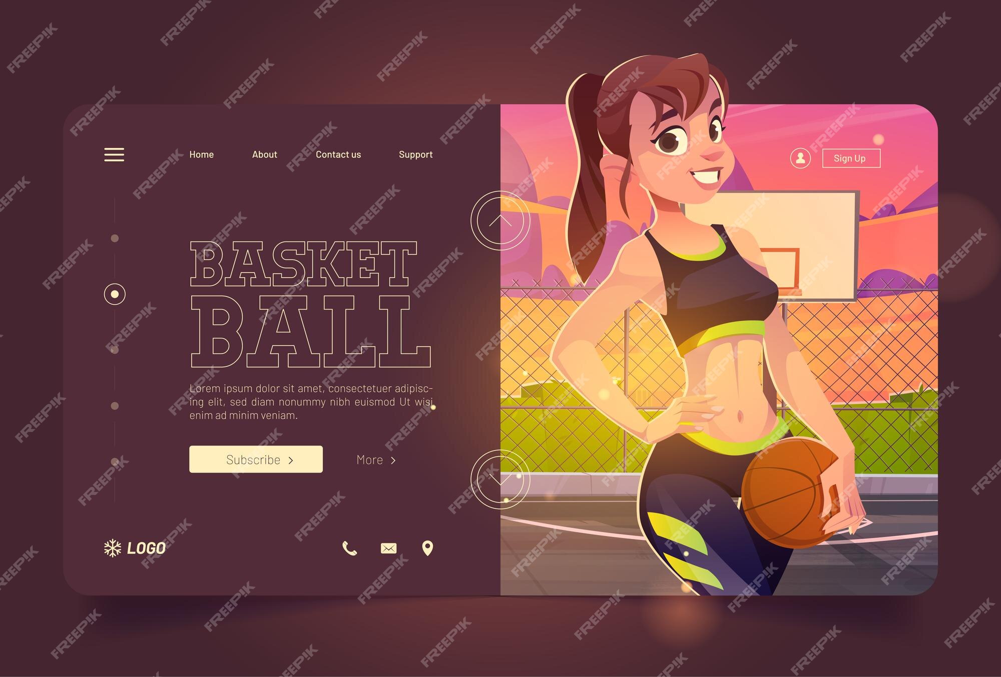 Menina na quadra de basquete à noite vetor fundo jogador feminino no  estádio de esporte de rua perto da costa da água do mar jogo de desenhos  animados ilustração luar no verão