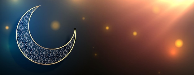 Vetor grátis banner de celebração do eid mubarak com cresecnt artístico e efeito de luz