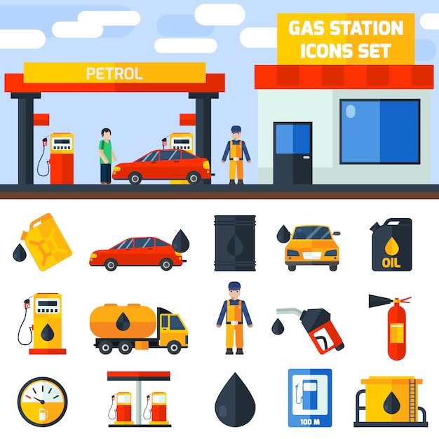 Vetor grátis banner de coleção de ícones de posto de gasolina de gás