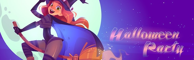 Banner de desenho animado de festa de Halloween, linda bruxa