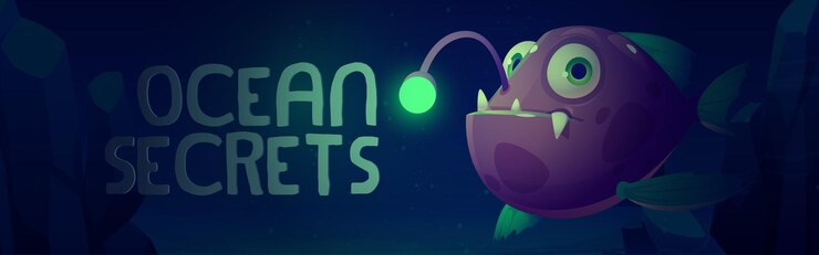 Vetor grátis banner de desenho animado sobre os segredos do oceano, peixe-pescador assustador