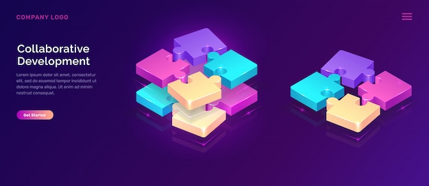 Banner de desenvolvimento colaborativo, conceito isométrico