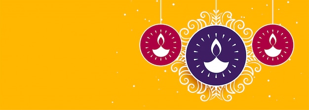 Banner de diwali amarelo com diya criativo