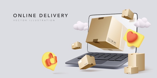 Banner de entrega online com laptop realista, pacotes, nuvens e ícones sociais em estilo realista.
