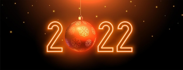 Vetor grátis banner de estilo neon de feliz ano novo de 2022 com bola de natal