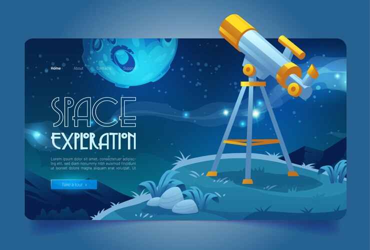Vetor grátis banner de exploração do espaço com telescópio no modelo de banner de colina