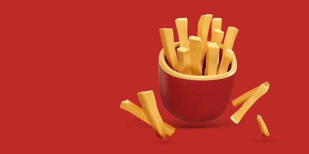 Banner de fast food com batata frita realista 3d em pacote vermelho ilustração vetorial