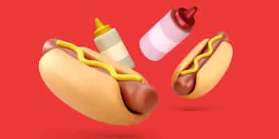 Vetor grátis banner de fast food com cachorros-quentes voadores 3d com ketchup e mostarda isolados em fundo vermelho ilustração vetorial
