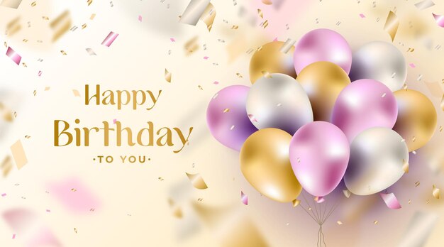 Banner de feliz aniversário realista com balões flutuantes 3D e confete