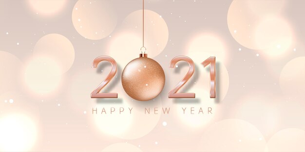 Banner de feliz ano novo com bugiganga em ouro rosa, design de números e luzes bokeh