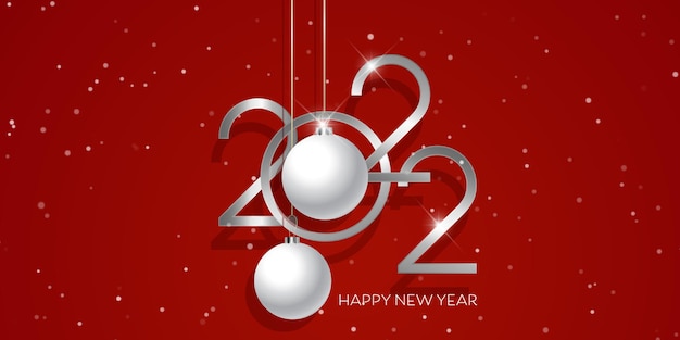 Banner de feliz ano novo com desenho de enfeites pendurados