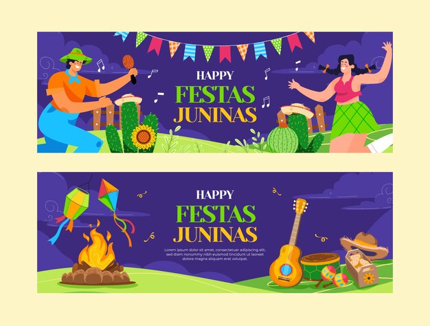 Vetor grátis banner de festas juninas desenhado à mão com dançarinos