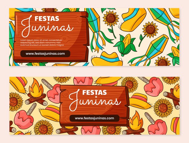 Vetor grátis banner de festas juninas desenhado à mão com flores