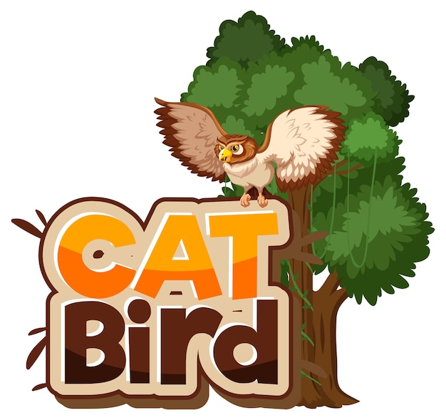 Banner de fonte cat bird com personagem de desenho animado de coruja isolado