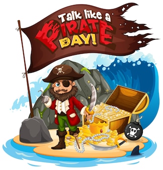 Banner de fonte do dia de talk like a pirate com personagem de desenho animado do pirata