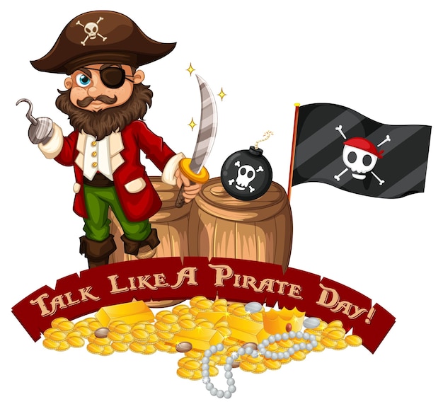 Banner de fonte do dia de talk like a pirate com personagem de desenho animado do pirata