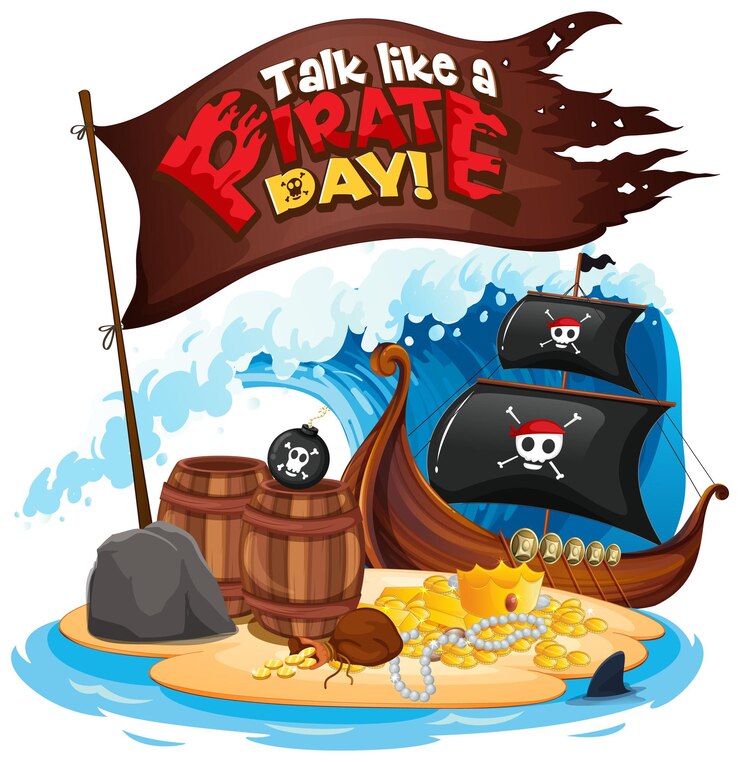 Vetor grátis banner de fonte do dia do talk like a pirate com um navio pirata na ilha
